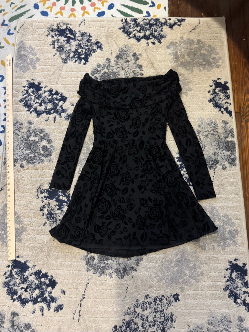 wild fable Black Off-Shoulder Floral Velvet Skater Dress